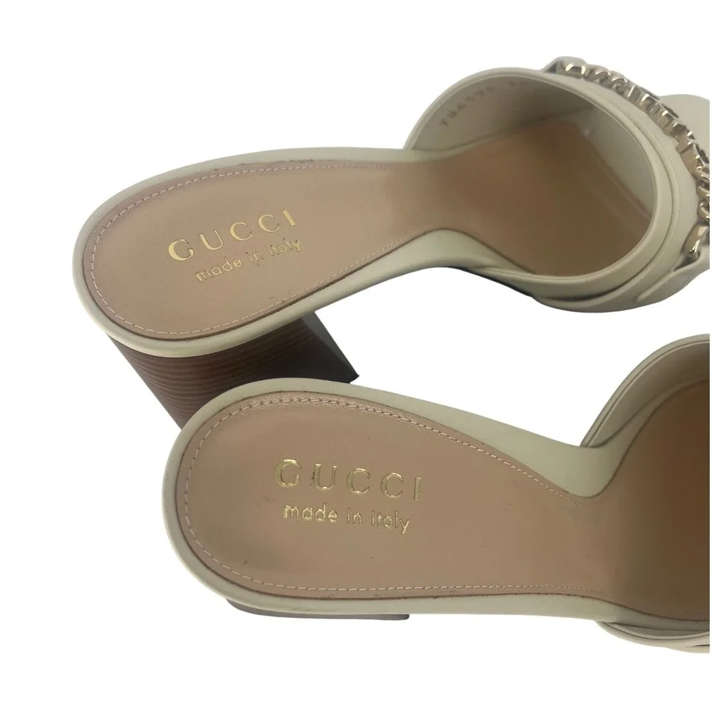Gucci Signoria Slide Sandals White Leather Chain Heels Size 38